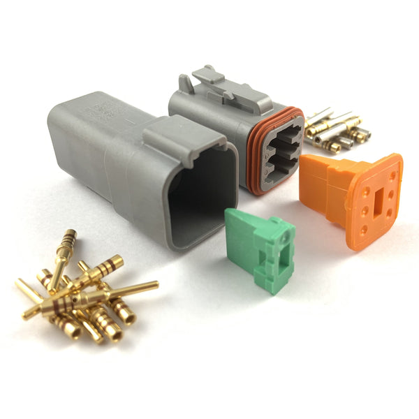 Mated Deutsch DT 6-Pin Connector Kit, 20-16 AWG Gold Solid Contacts